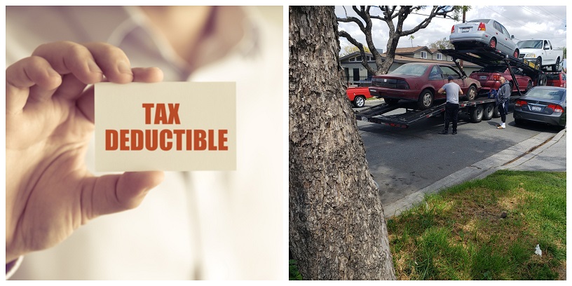 left, man's hand holds sign "tax deductible. Right, owner watches as car is prepared for donation